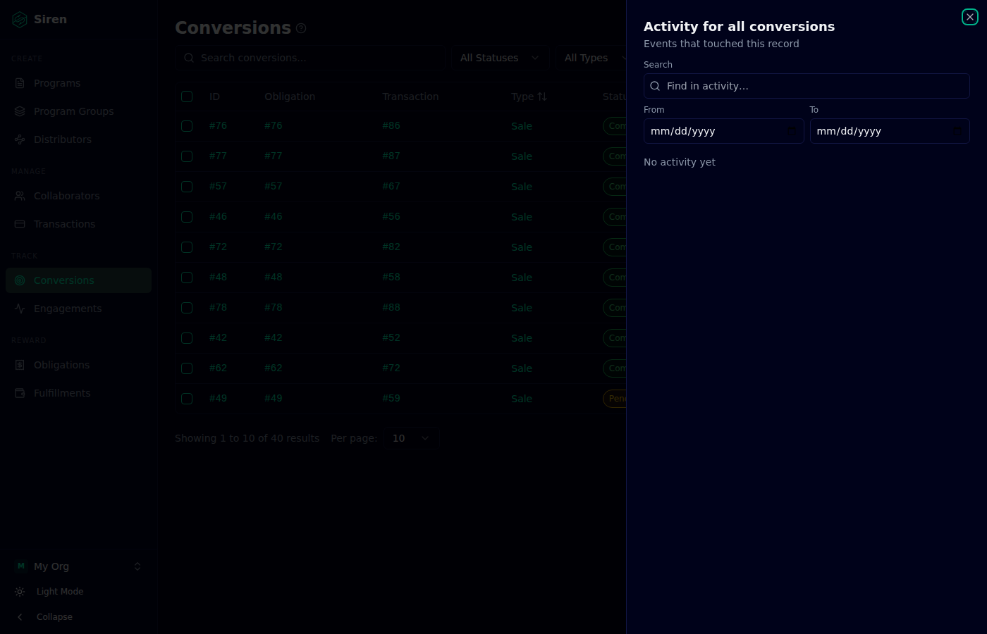 Siren conversion activity and obligations ledger with full audit trail