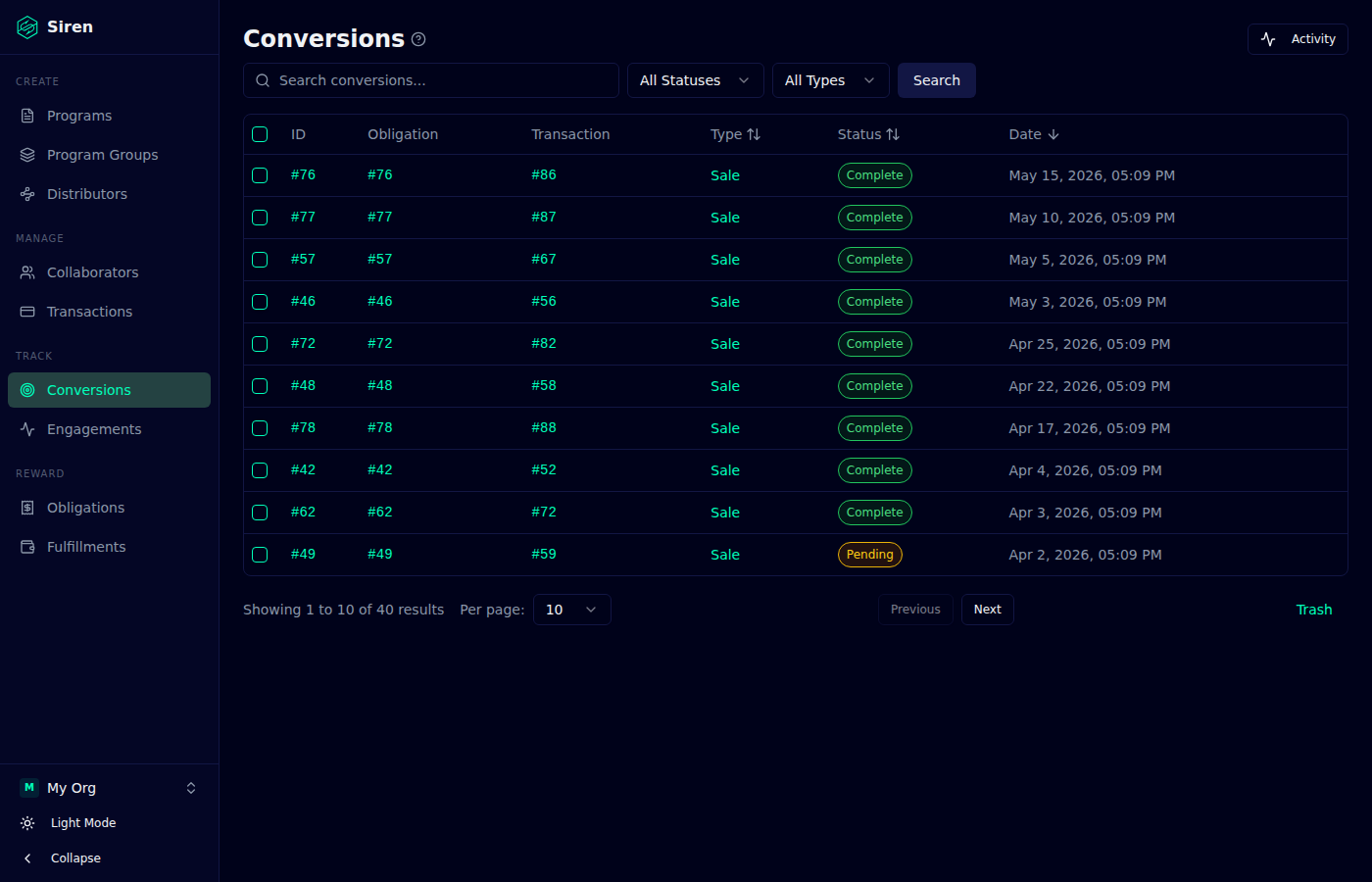 Siren conversions list, showing referred sales with their source