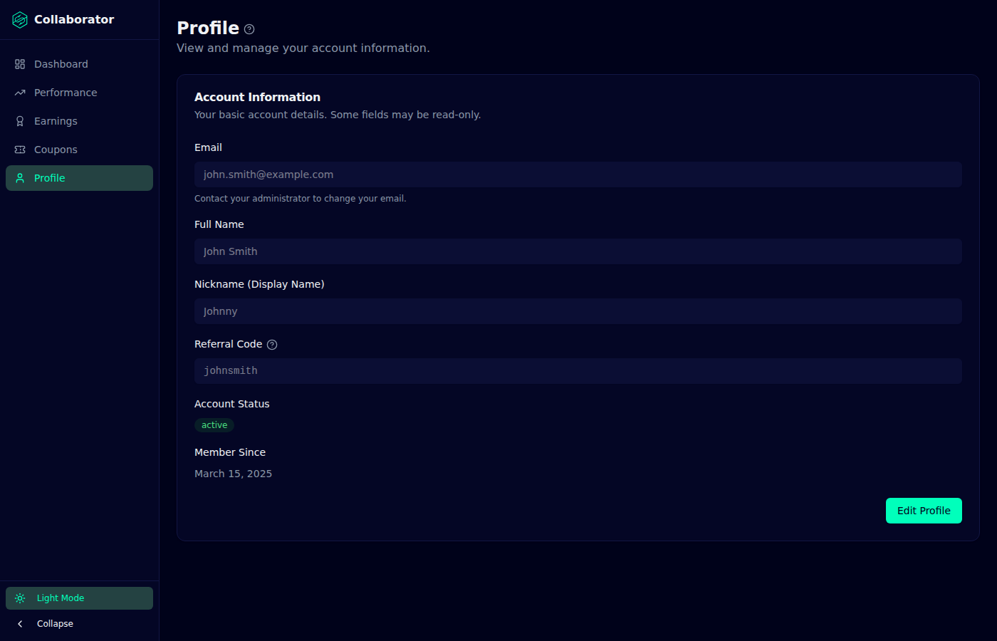 Siren collaborator Profile screen